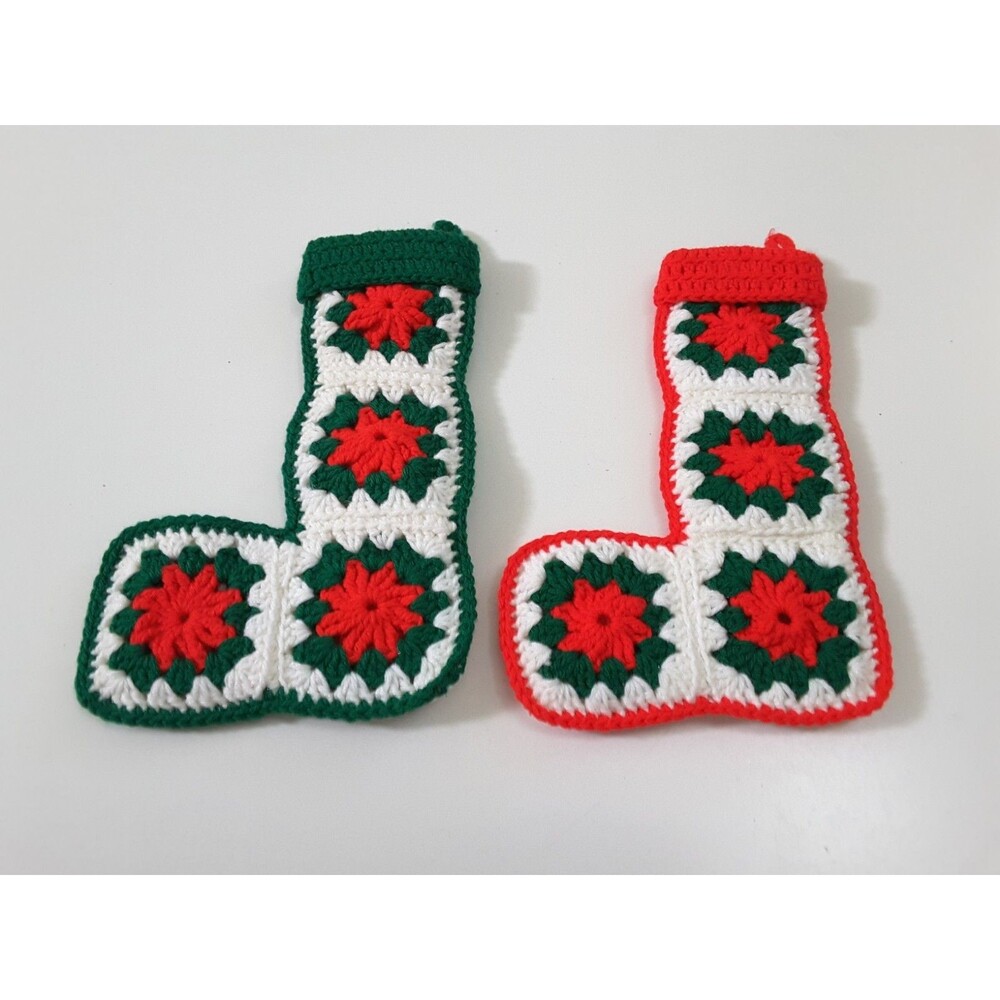 Vintage Lot of 2 Granny Square Crocheted Christmas Stockings